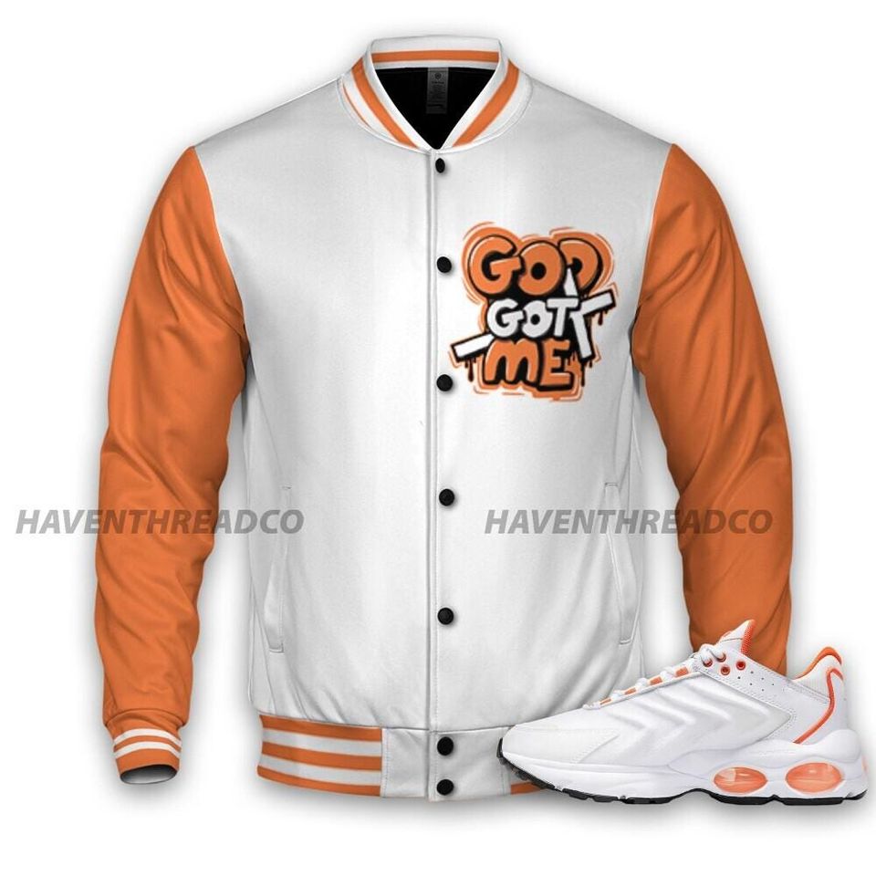 AM TW White Orange Unisex Varsity Jacket, God Got Me Varsity Custom, Custom Baseball Jacket