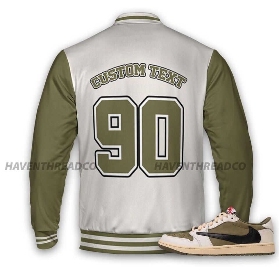AJ 1 Medium Olive Unisex Varsity Jacket, God Got Me Varsity Custom, Custom Baseball Jacket