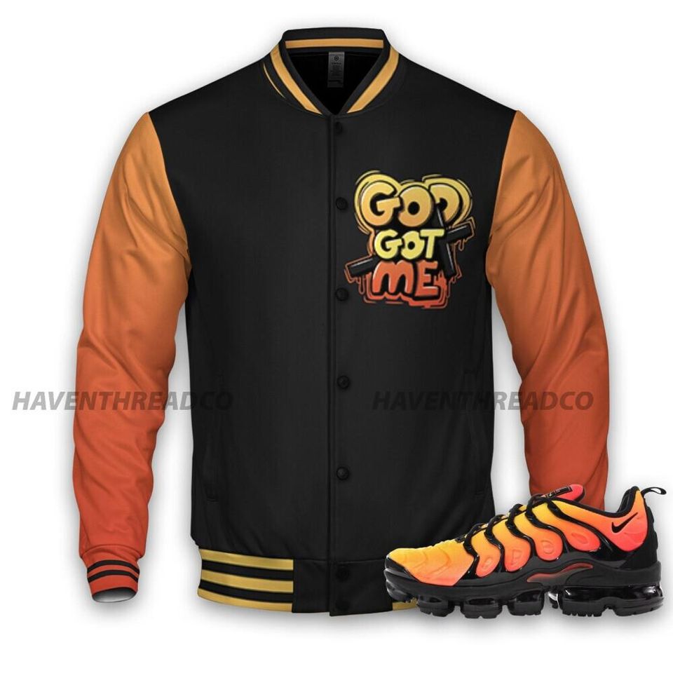 VaporMax Crimson Total Orange Plus Unisex Varsity Jacket, God Got Me Varsity Custom, Custom Baseball Jacket