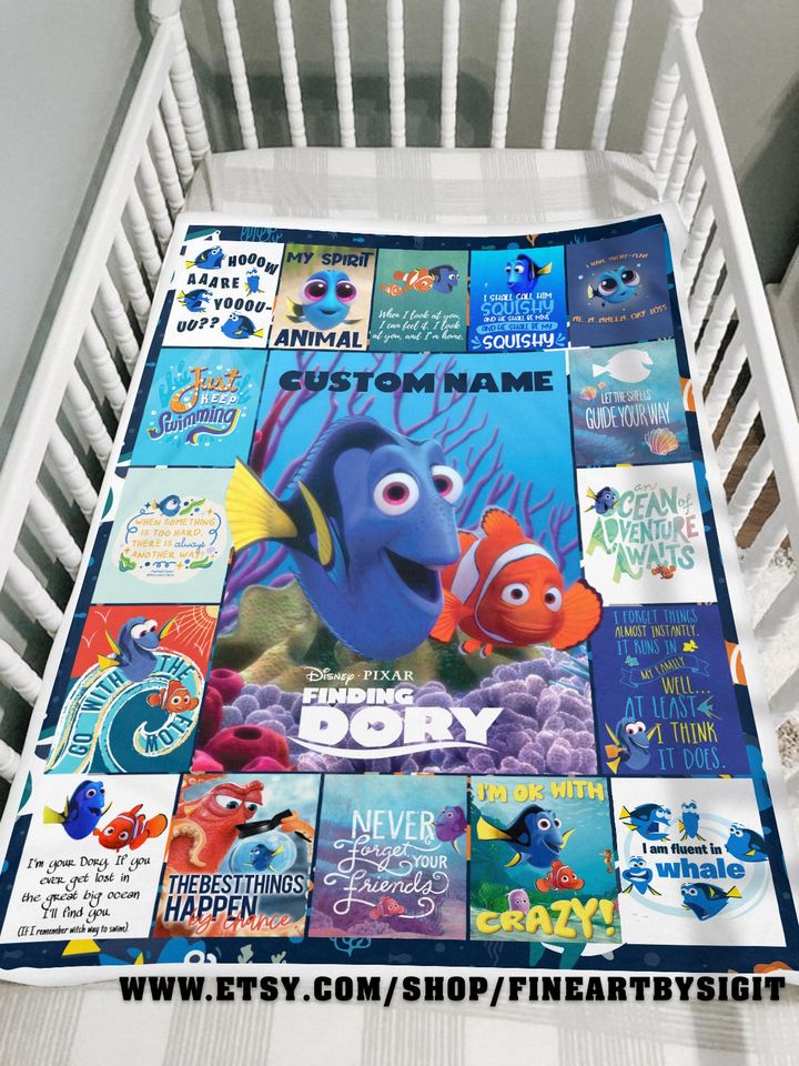 Custom Name Finding Dory Fleece Blanket, Disney Finding Dory Blanket, Custom Name Pixar Finding Dory Blanket, Finding Dory Blanket