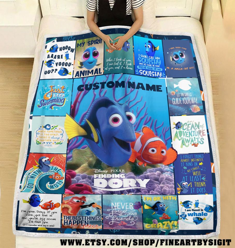 Custom Name Finding Dory Fleece Blanket, Disney Finding Dory Blanket, Custom Name Pixar Finding Dory Blanket, Finding Dory Blanket