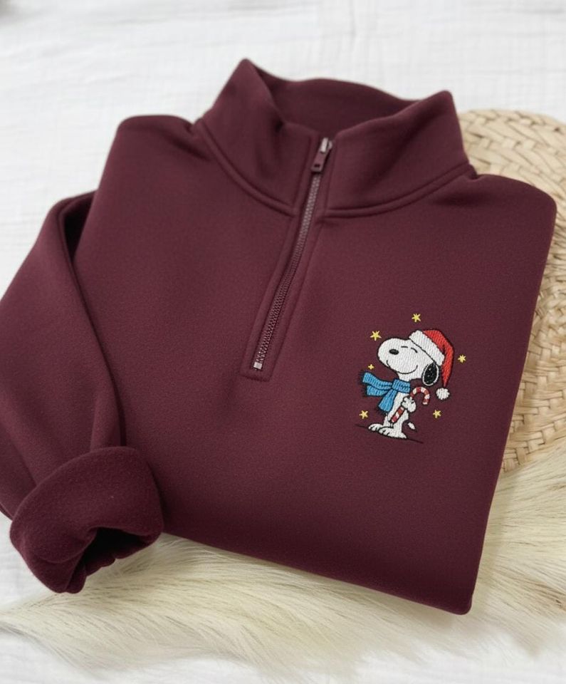 Embroidered Christmas Cartoon Dog Quarter Zip Sweatshirt, Holiday Sweatshirt, Cute Christmas Shirt for Women, Christmas Embroidery Sweater