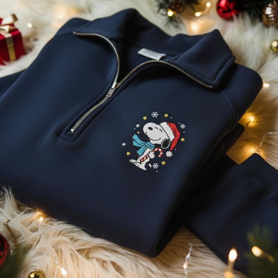 Embroidered Christmas Cartoon Dog Quarter Zip Sweatshirt, Holiday Sweatshirt, Cute Christmas Shirt for Women, Christmas Embroidery Sweater