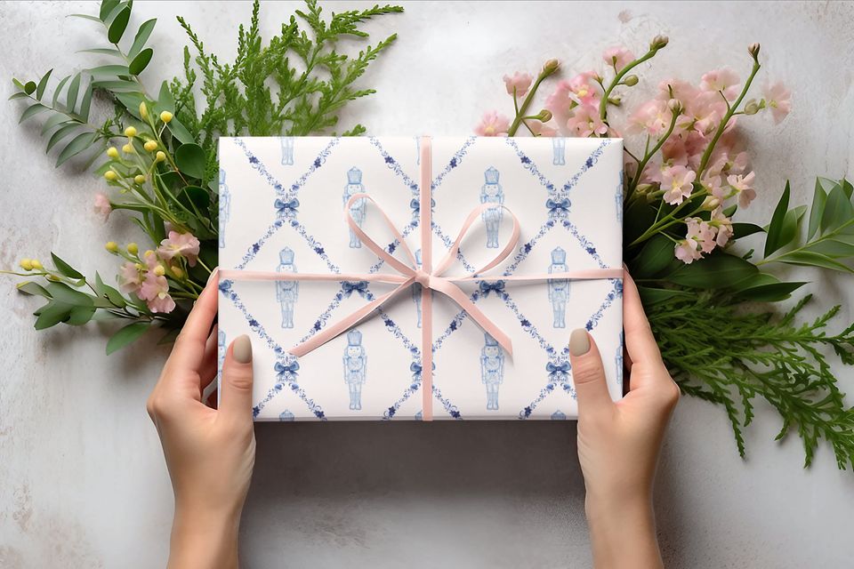 Nutcracker Blue Trellis Wrapping Paper, Christmas Nutcracker Wrapping, Nutcracker Gift Wrap, Christmas Nutcracker Wrap, Holiday Gift Wrap