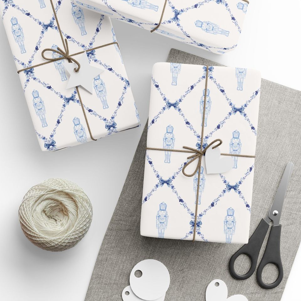 Nutcracker Blue Trellis Wrapping Paper, Christmas Nutcracker Wrapping, Nutcracker Gift Wrap, Christmas Nutcracker Wrap, Holiday Gift Wrap