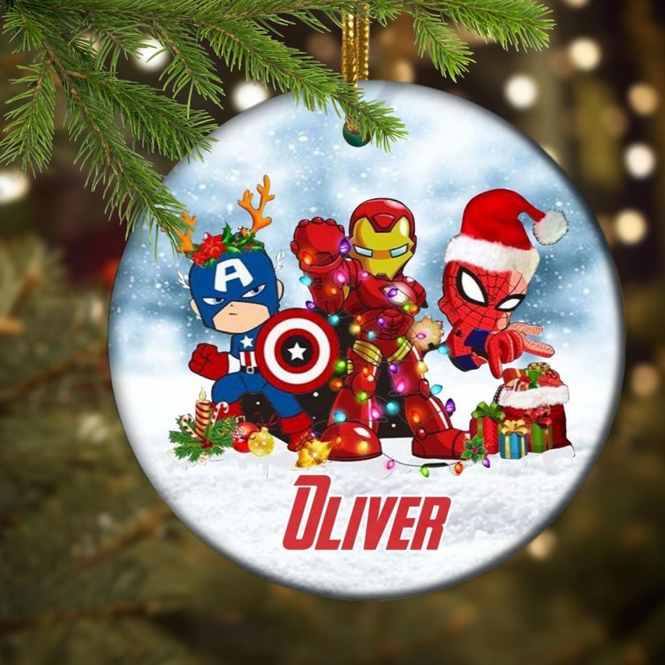 Personalized Superheroe Character Ceramic Christmas Ornament, Heros Team Customized 2024 Christmas Tree Decor, Superheros Group Gift For Kid