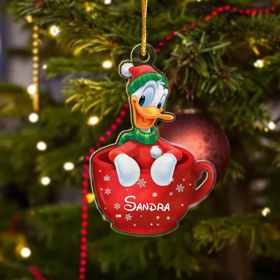 Personalized Donald Duck Christmas Ornament, Customized Christmas Tree Decor, Donald Duck Gift For Kid, Duck In Cup Xmas Keepsake