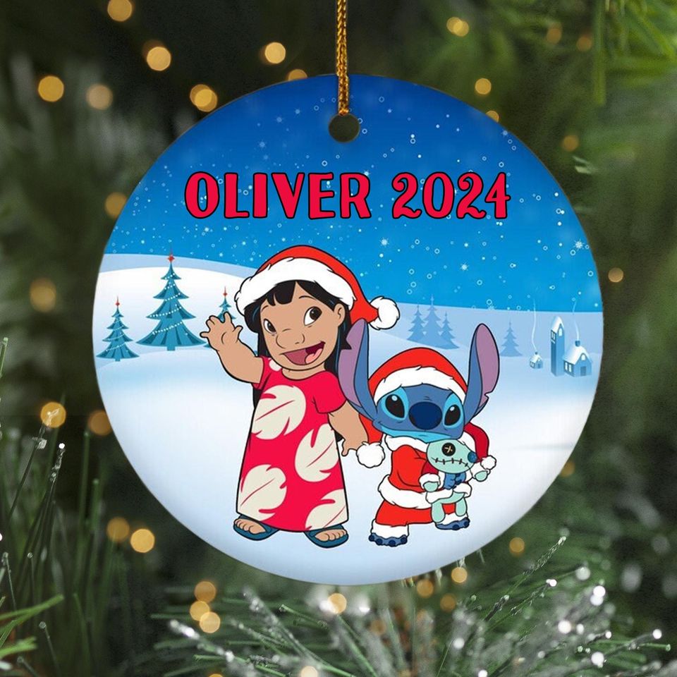 Personalized Stitchmas Ceramic Christmas Ornament, Blue Monster Customized 2024 Christmas Tree Decor, Alien Santa Hat Xmas Gift For Kid