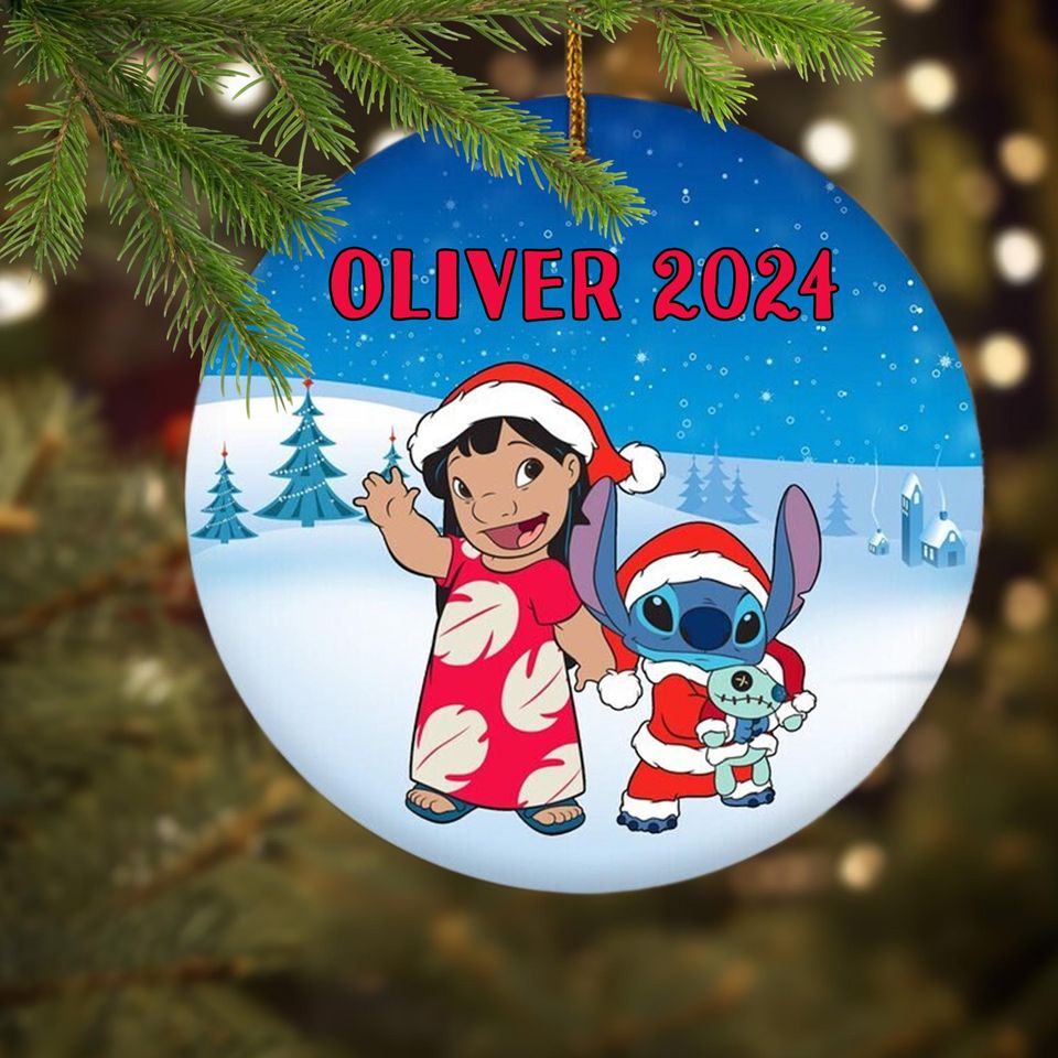 Personalized Stitchmas Ceramic Christmas Ornament, Blue Monster Customized 2024 Christmas Tree Decor, Alien Santa Hat Xmas Gift For Kid