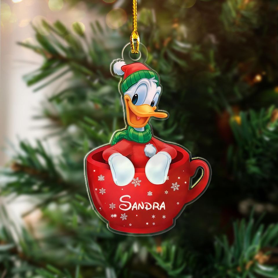 Personalized Donald Duck Christmas Ornament, Customized Christmas Tree Decor, Donald Duck Gift For Kid, Duck In Cup Xmas Keepsake