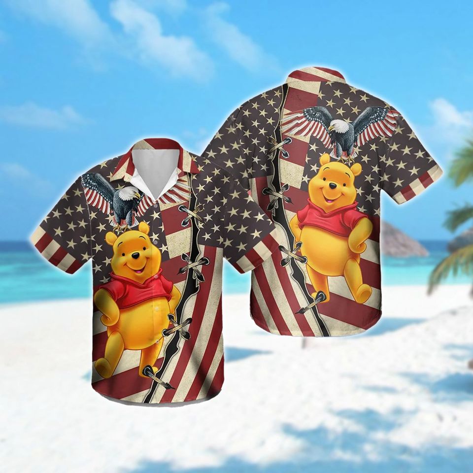 Cute Bear Eagle Fireworks US Flag Independence Day 3D Hawaiian Shirt, Magic Kingdom Fourth Of July Shirt, 4th July All Over Print Tee