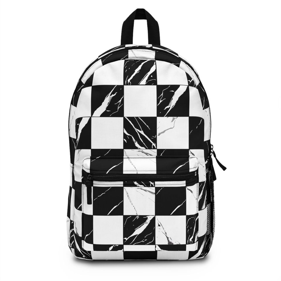 Black and White Tiled Backpack - Durable & Lightweight Bag | Waterproof with Adjustable Straps