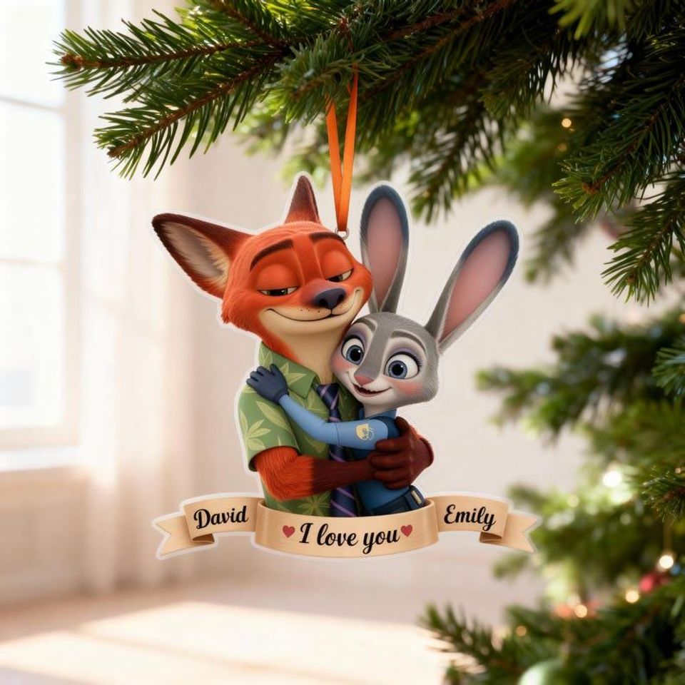 Personalized Couple Fox & Bunny Ornament, Zootopia 2 Ornament, Romantic Christmas Tree Decor for Couples