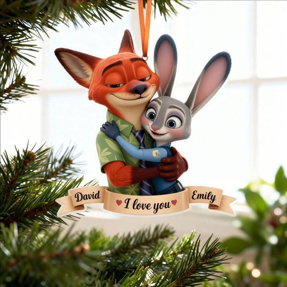Personalized Couple Fox & Bunny Ornament, Zootopia 2 Ornament, Romantic Christmas Tree Decor for Couples