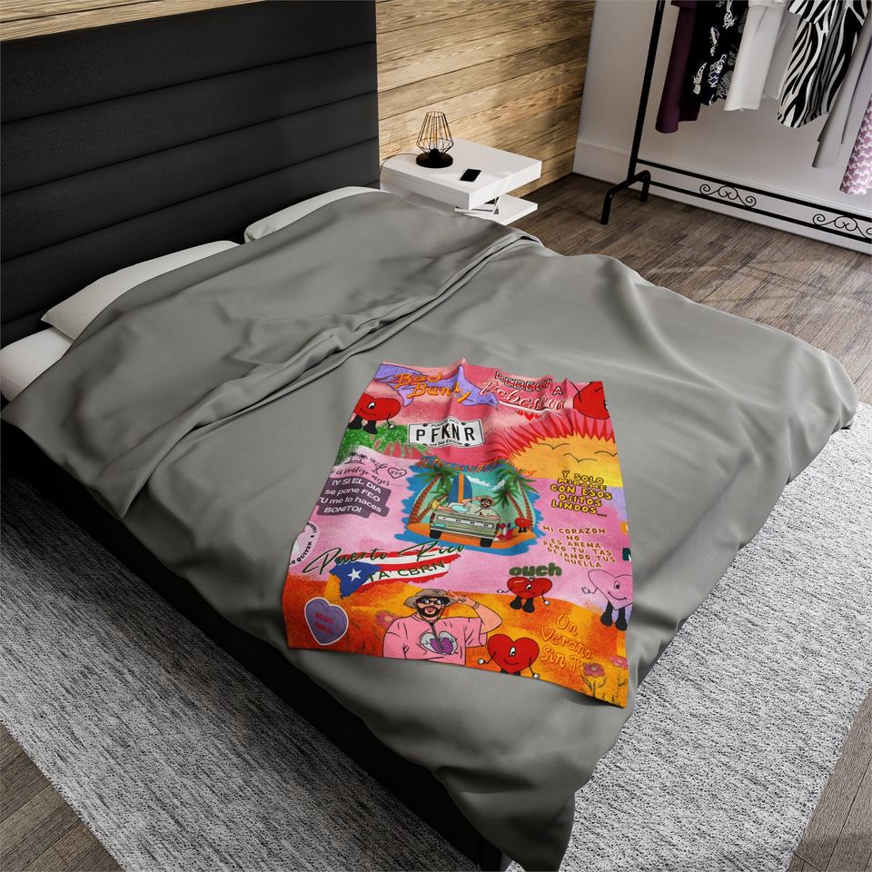 Bad Bunny Velveteen Plush Blanket, Bad Bunny Merch