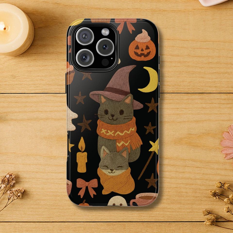 Halloween Tough Phone Case Cute Cat and Ghosts Embroidered Look Cover for iPhone Samsung,  Aesthetic Phone Cover, Perfect for Cat Lovers