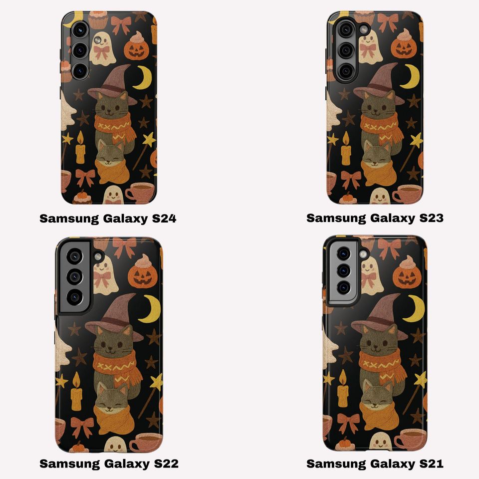 Halloween Tough Phone Case Cute Cat and Ghosts Embroidered Look Cover for iPhone Samsung,  Aesthetic Phone Cover, Perfect for Cat Lovers