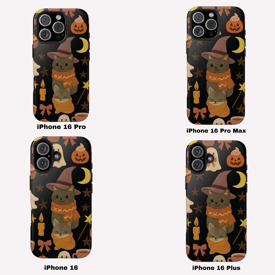 Halloween Tough Phone Case Cute Cat and Ghosts Embroidered Look Cover for iPhone Samsung,  Aesthetic Phone Cover, Perfect for Cat Lovers