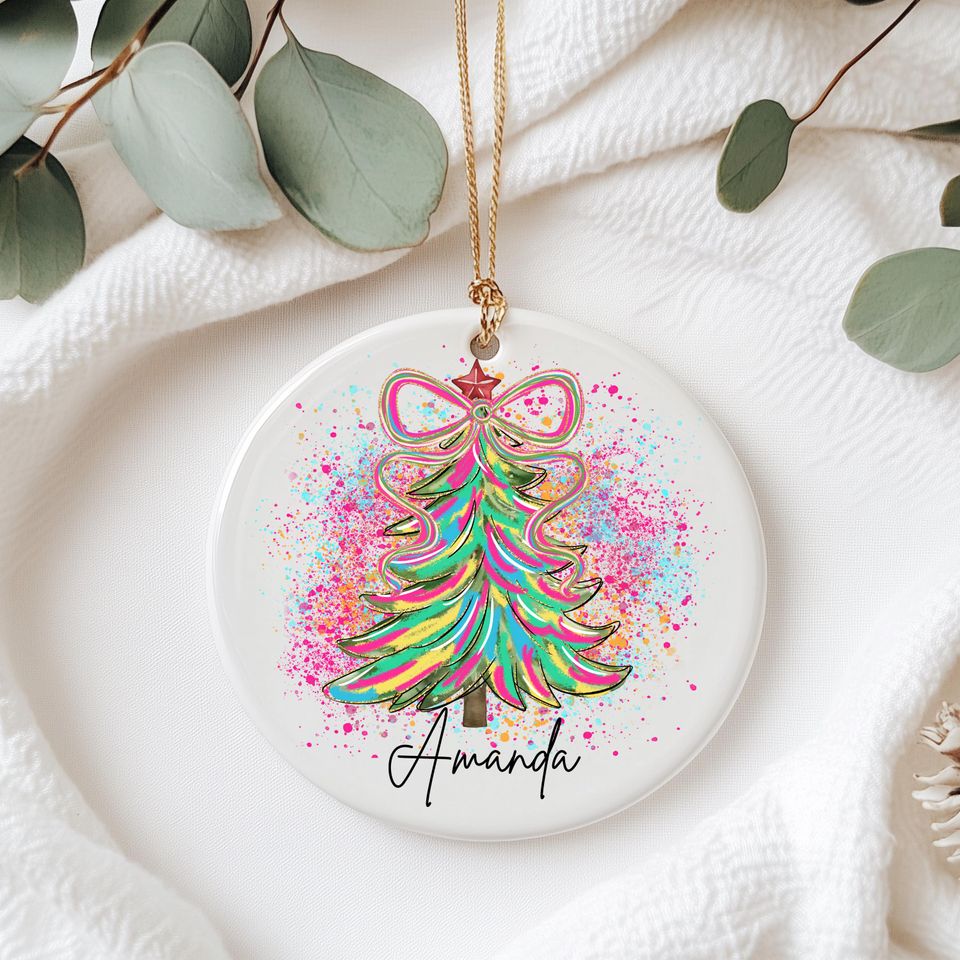 Watercolor Christmas Tree Ceramic Ornament, Pink Bow Decor