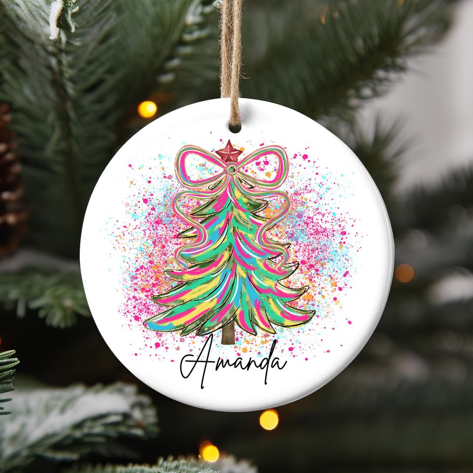 Watercolor Christmas Tree Ceramic Ornament, Pink Bow Decor