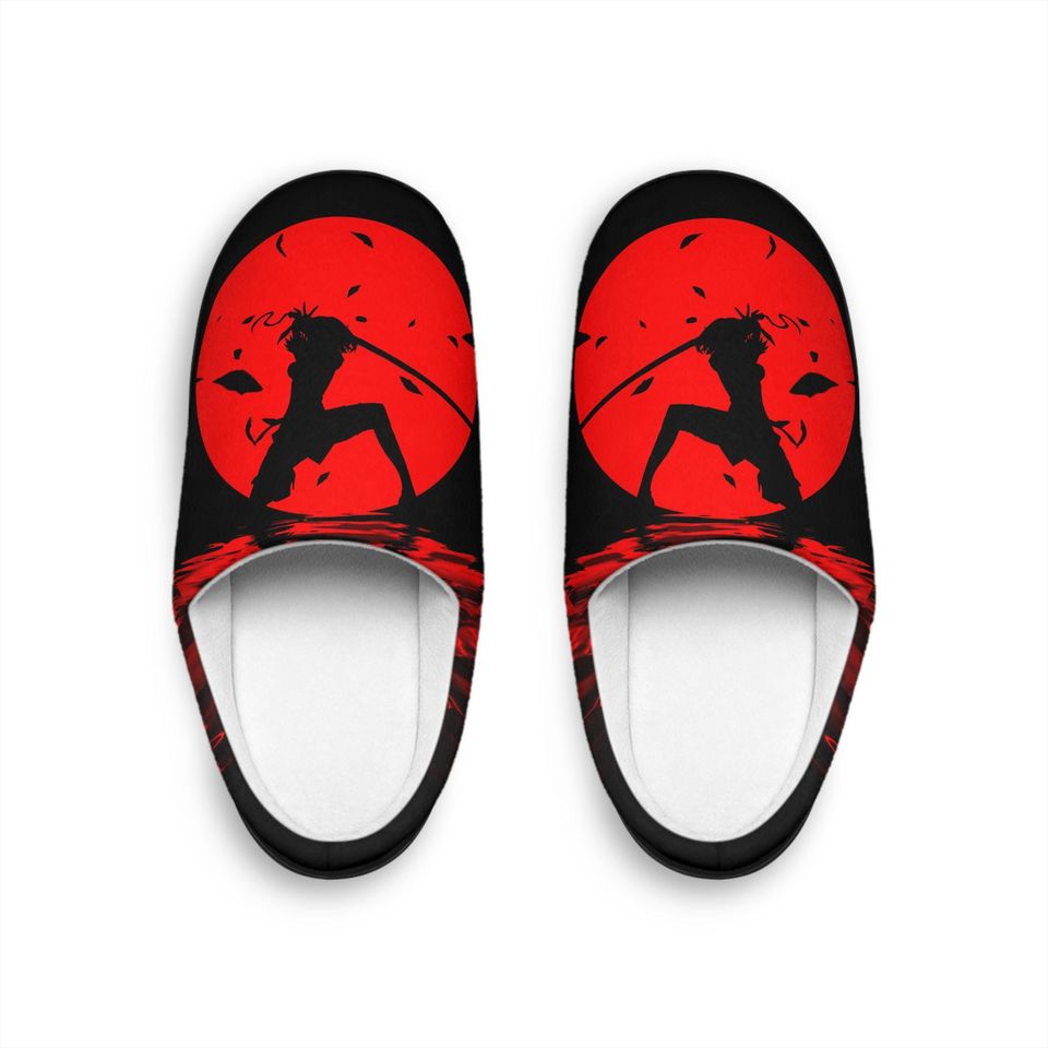 Men's Indoor Slippers: Red Samurai Design, Cozy Flannel Fleece