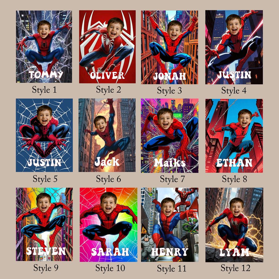 Custom Spider Boy Fleece Blanket with Name, Personalized Superhero Baby Face Minky Blanket, Kids Christmas Gift