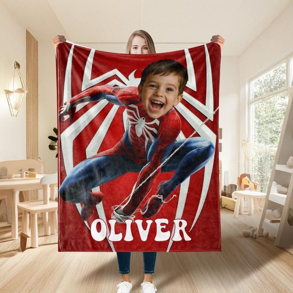 Custom Spider Boy Fleece Blanket with Name, Personalized Superhero Baby Face Minky Blanket, Kids Christmas Gift