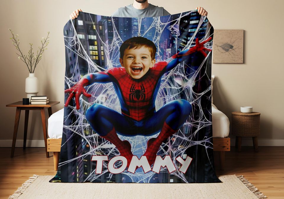 Custom Spider Boy Fleece Blanket with Name, Personalized Superhero Baby Face Minky Blanket, Kids Christmas Gift