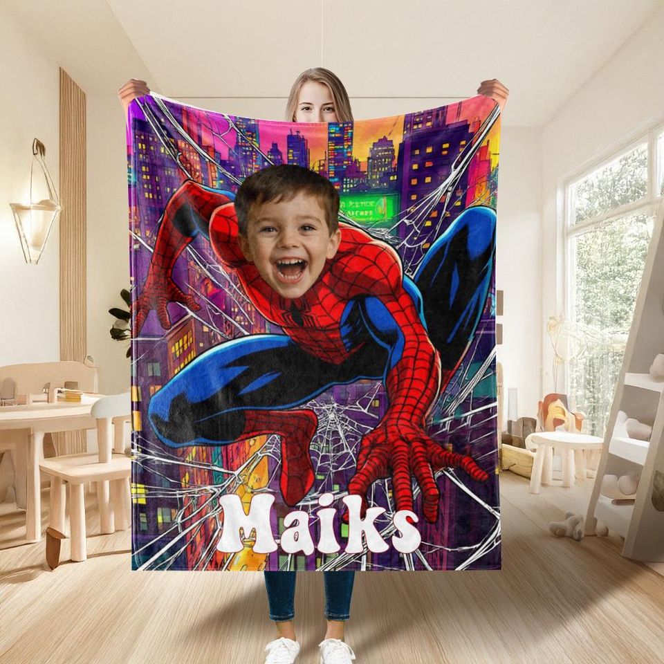 Custom Spider Boy Fleece Blanket with Name, Personalized Superhero Baby Face Minky Blanket, Kids Christmas Gift