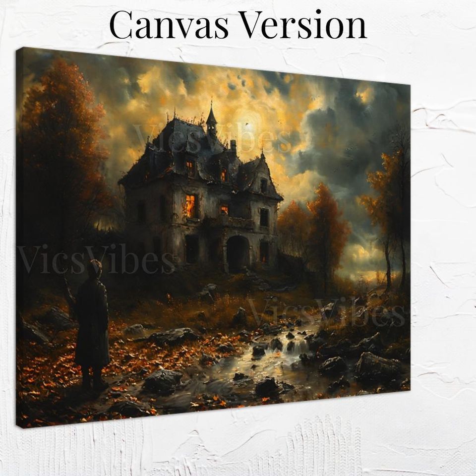 Haunted House Wall Art Spooky Abandoned Scene Glowing Windows Framed Halloween Poster