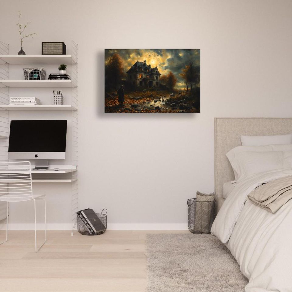 Haunted House Wall Art Spooky Abandoned Scene Glowing Windows Framed Halloween Poster