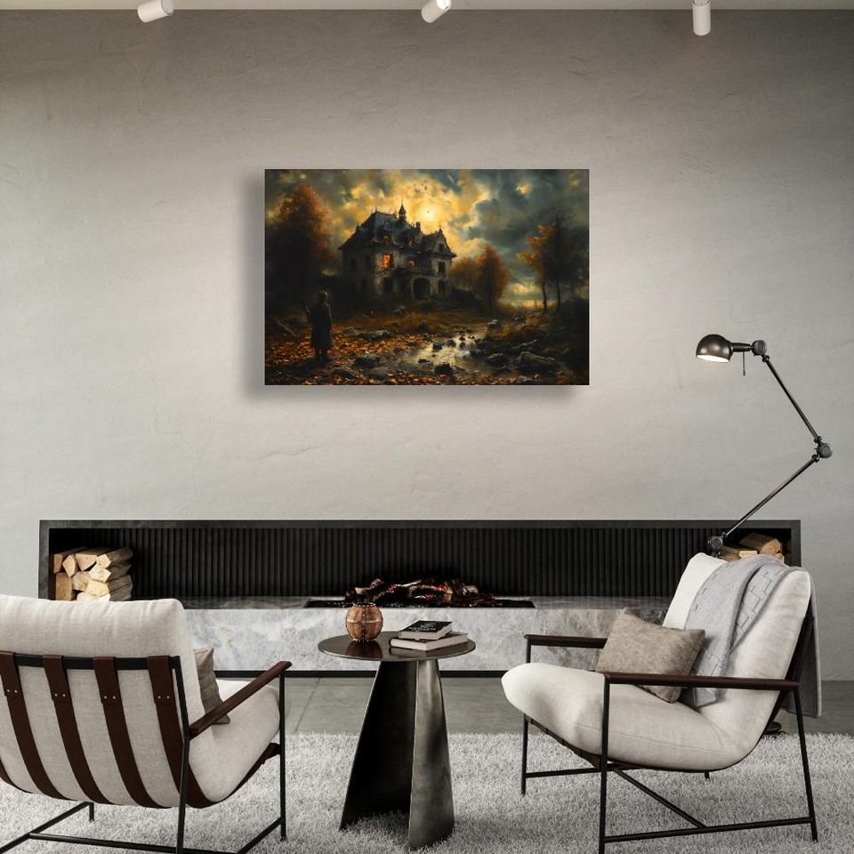 Haunted House Wall Art Spooky Abandoned Scene Glowing Windows Framed Halloween Poster