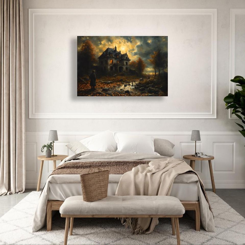 Haunted House Wall Art Spooky Abandoned Scene Glowing Windows Framed Halloween Poster