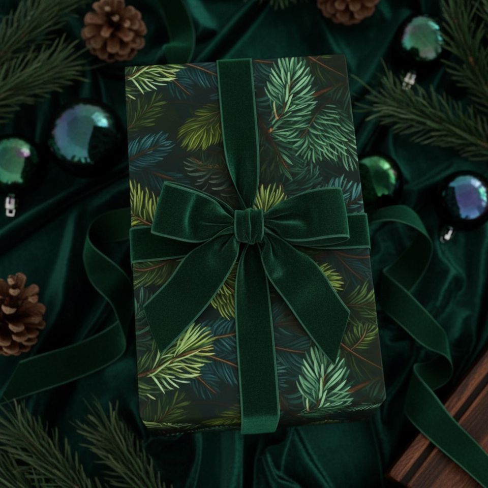 Colorado Spruce Tree Gift Wrap, Evergreen Christmas Wrapping Paper, Dark Green