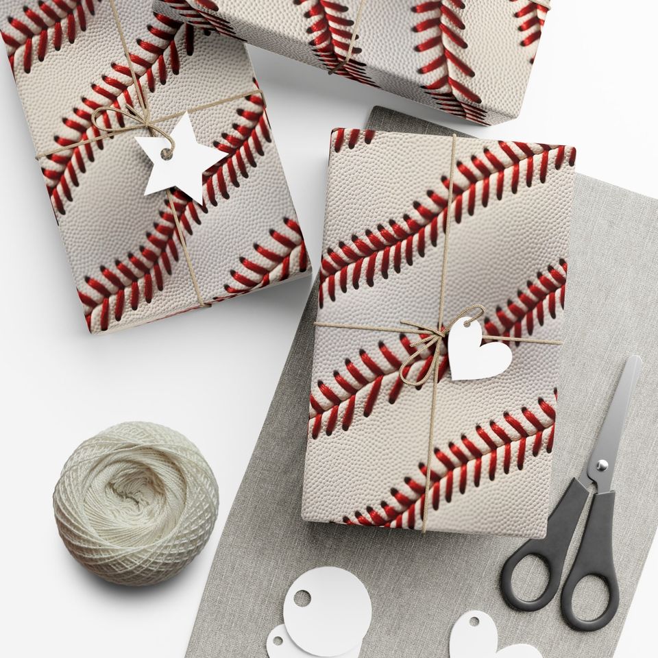 Baseball Gift Wrap: Sports Theme Wrapping Paper, Red Stitched Leather