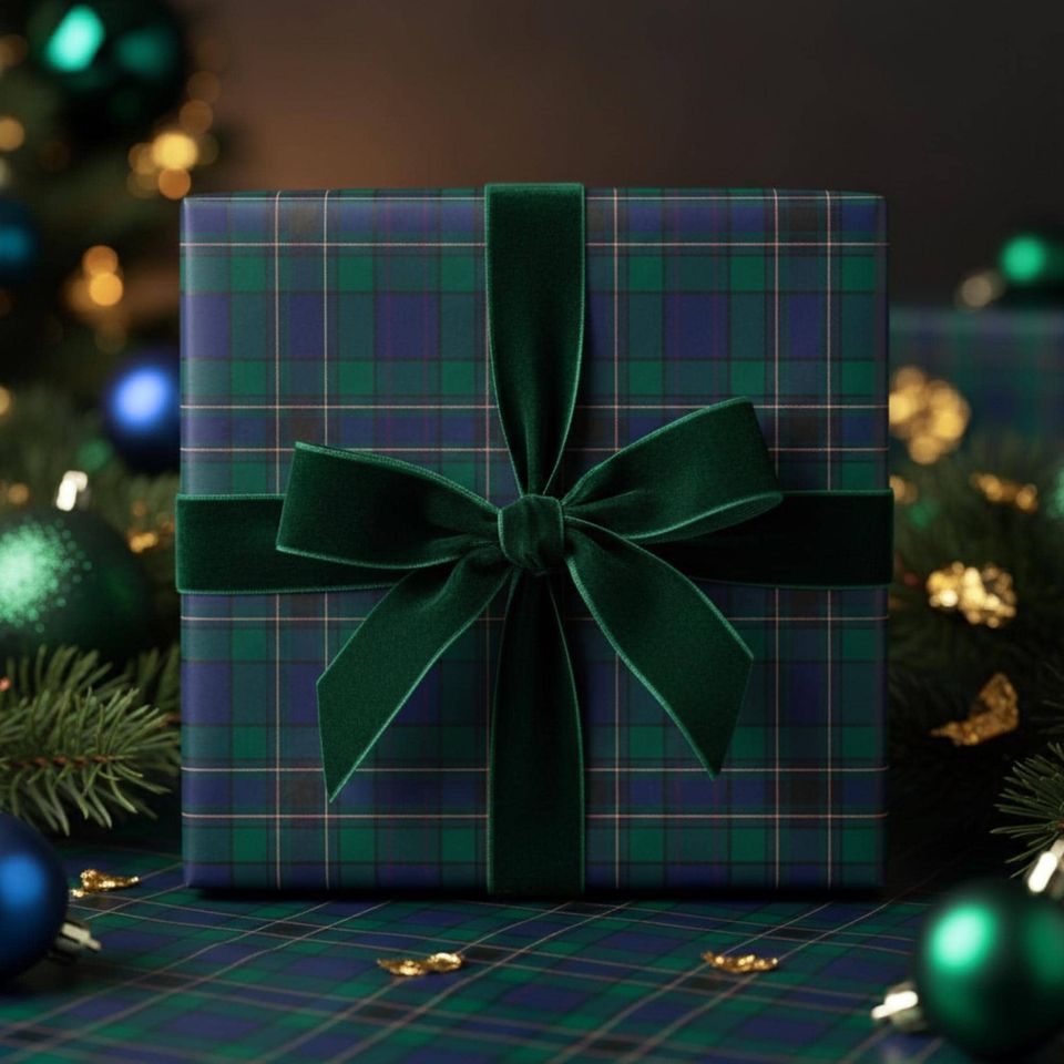 Plaid Tartan Wrapping Paper, Dark Green Gift Wrap, Purple Blue Holiday Christmas Paper