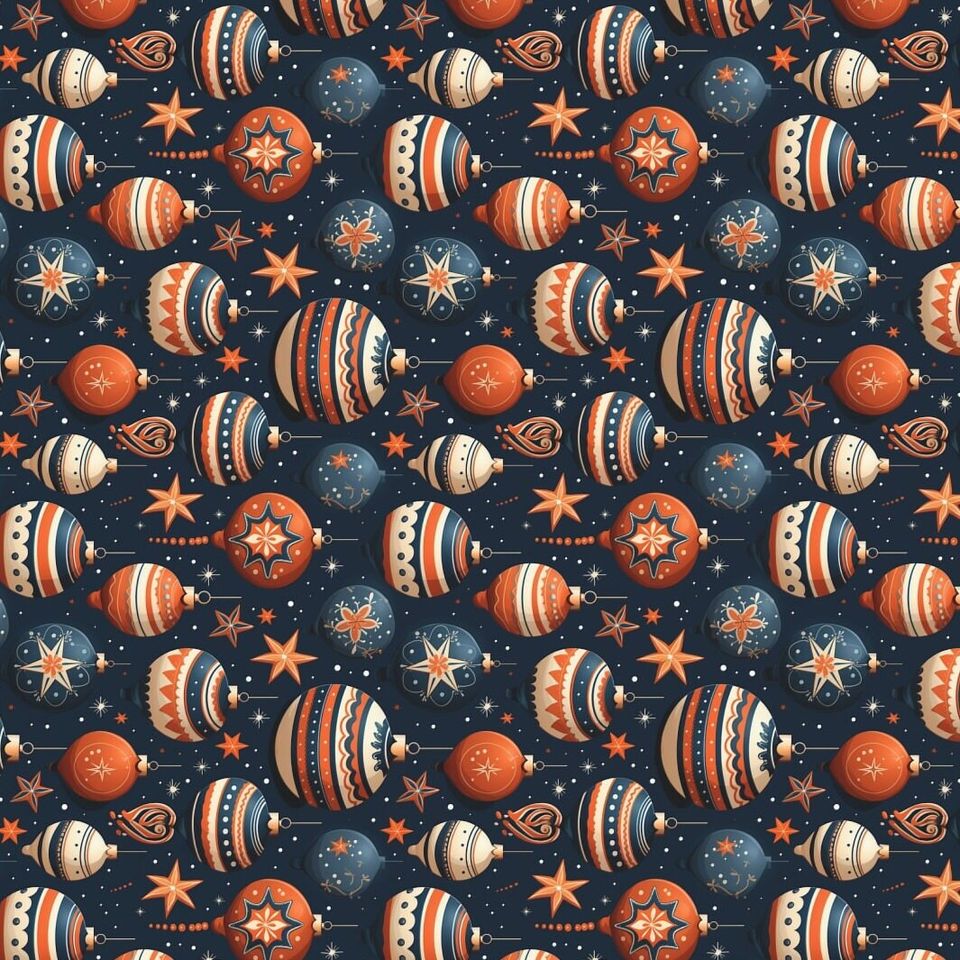 Navy Christmas Wrapping Paper: Festive Ornaments, Stars, Retro Style