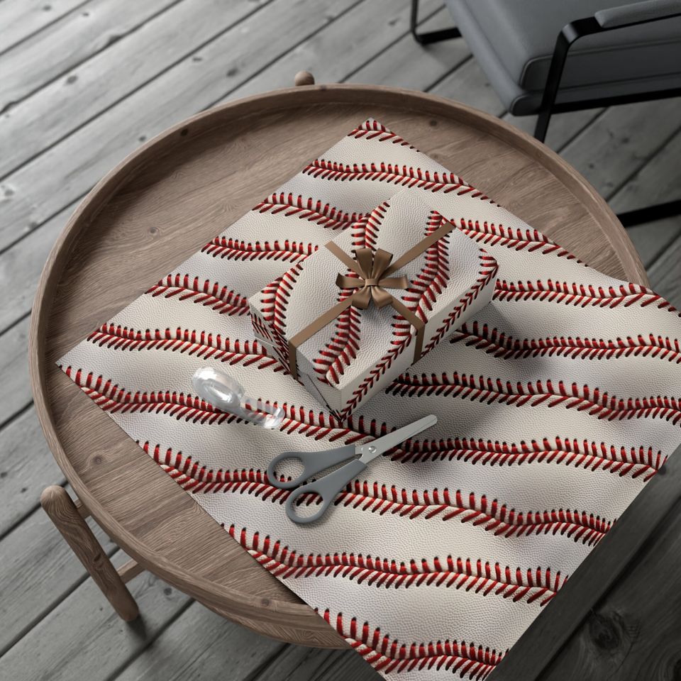 Baseball Gift Wrap: Sports Theme Wrapping Paper, Red Stitched Leather