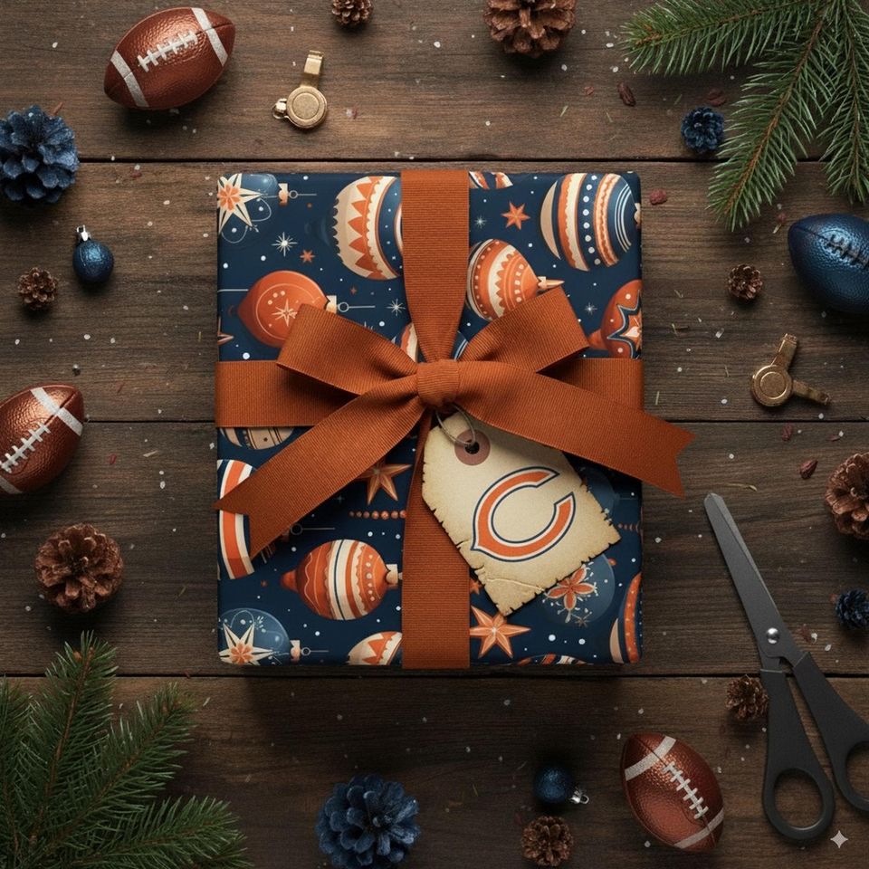 Navy Christmas Wrapping Paper: Festive Ornaments, Stars, Retro Style
