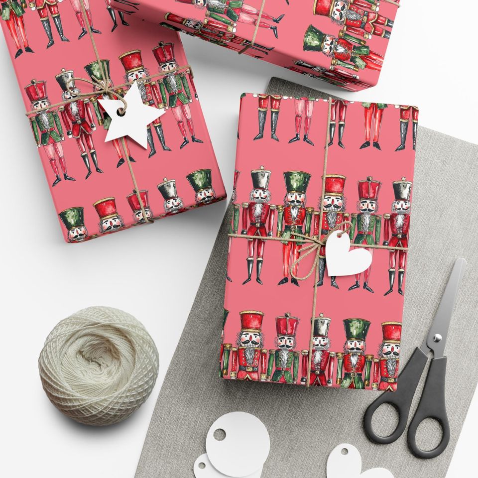Nutcracker Christmas Wrapping Paper Pink Red Green Holiday Gift Wrap
