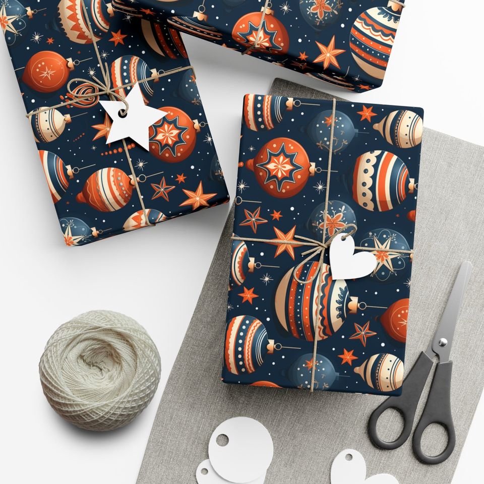 Navy Christmas Wrapping Paper: Festive Ornaments, Stars, Retro Style