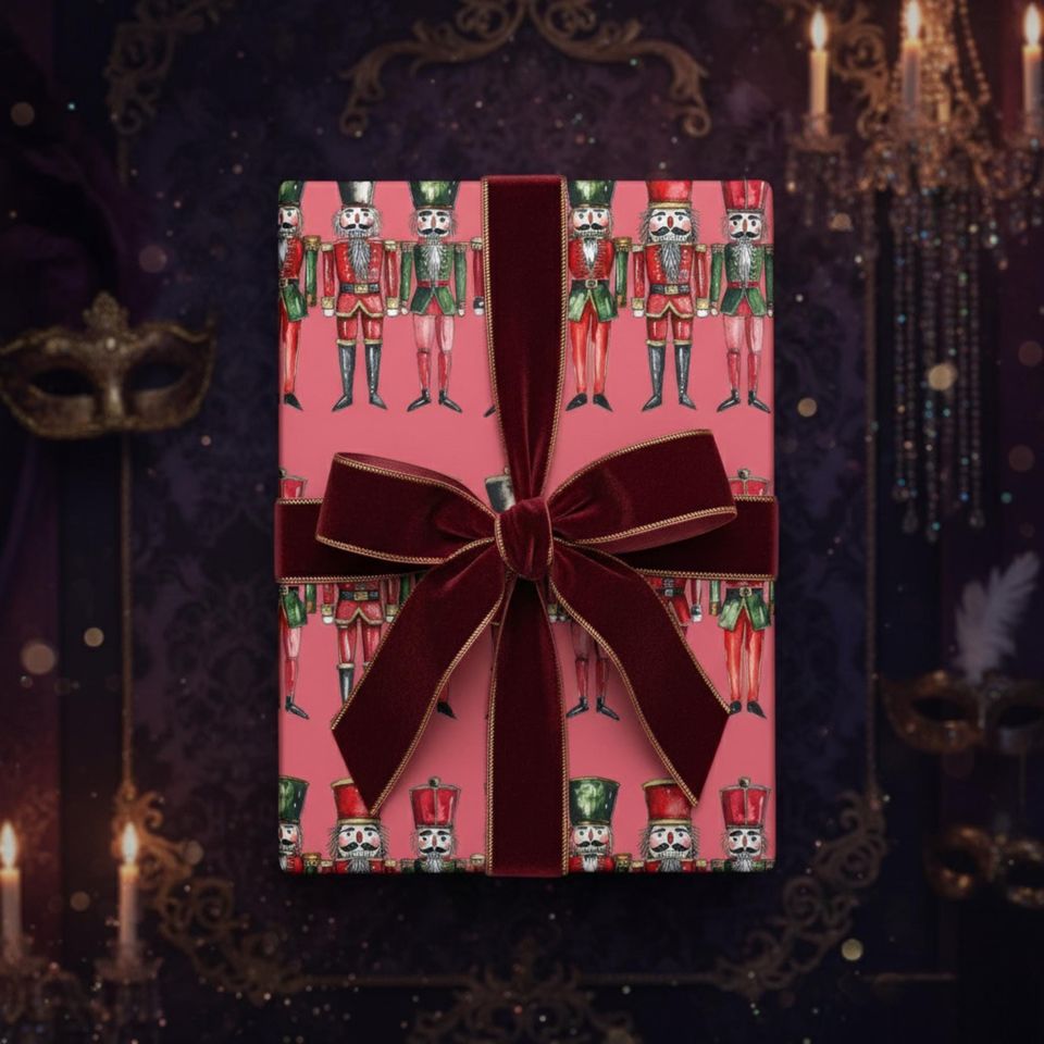 Nutcracker Christmas Wrapping Paper Pink Red Green Holiday Gift Wrap