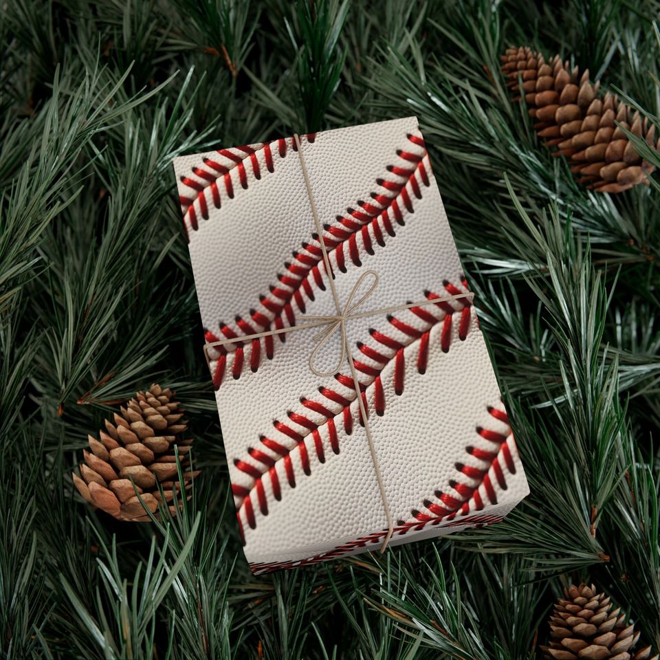 Baseball Gift Wrap: Sports Theme Wrapping Paper, Red Stitched Leather