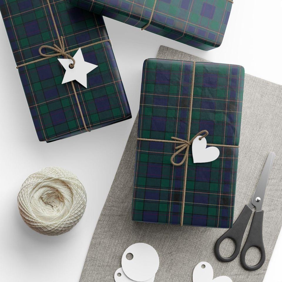 Plaid Tartan Wrapping Paper, Dark Green Gift Wrap, Purple Blue Holiday Christmas Paper