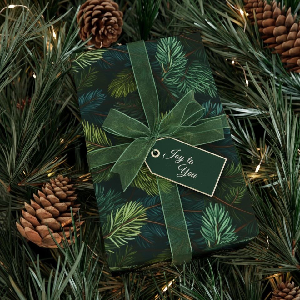 Colorado Spruce Tree Gift Wrap, Evergreen Christmas Wrapping Paper, Dark Green