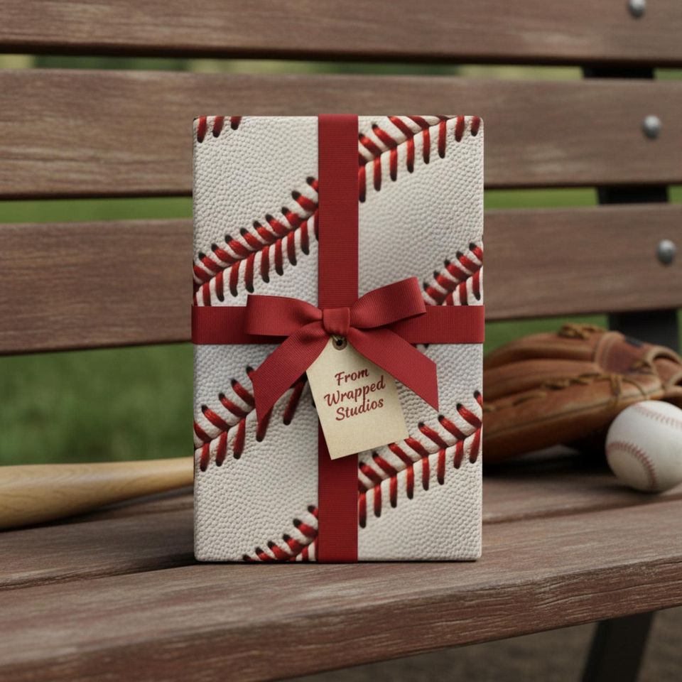 Baseball Gift Wrap: Sports Theme Wrapping Paper, Red Stitched Leather