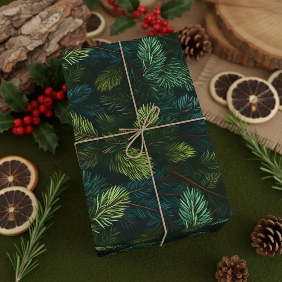 Colorado Spruce Tree Gift Wrap, Evergreen Christmas Wrapping Paper, Dark Green