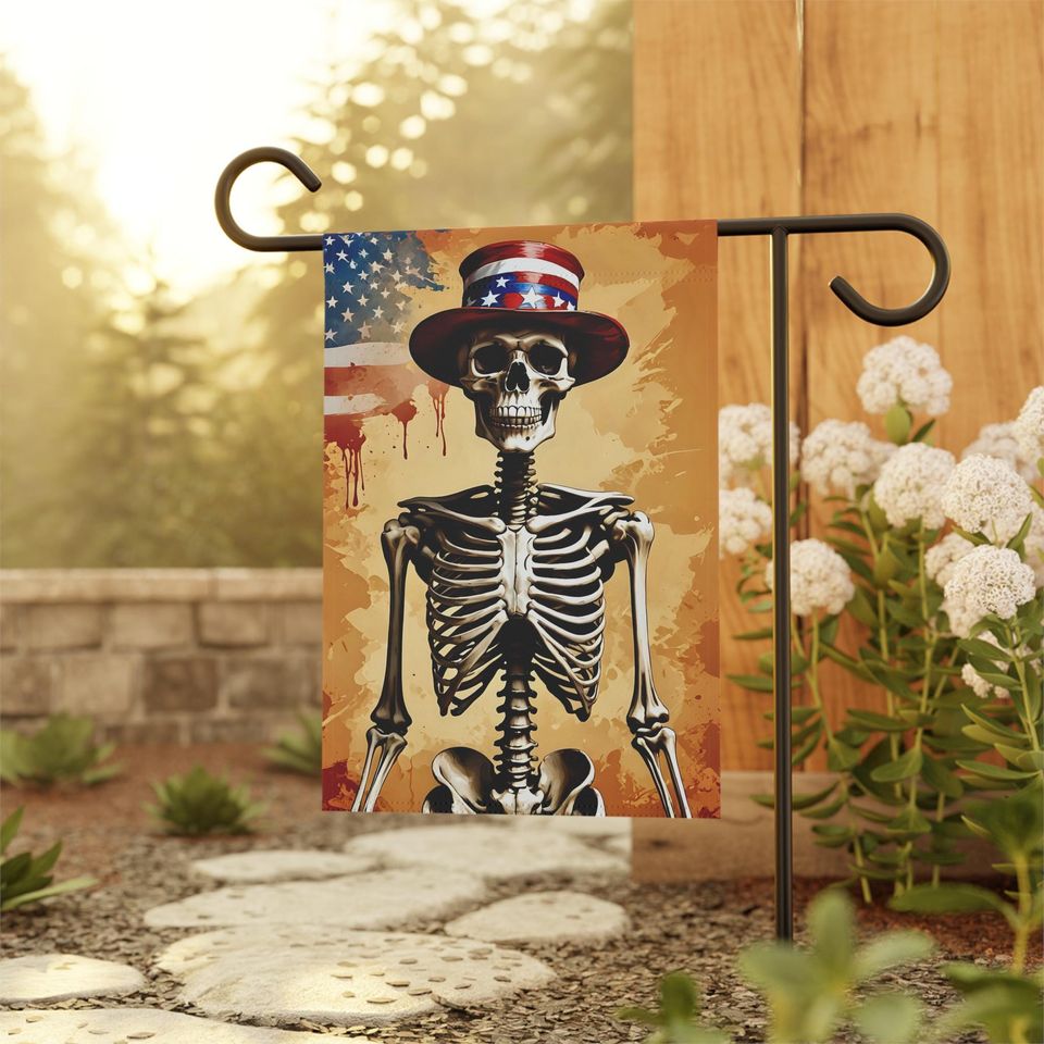 Skeleton Patriotic Top Hat Garden Flag: Spooky Halloween Yard Art