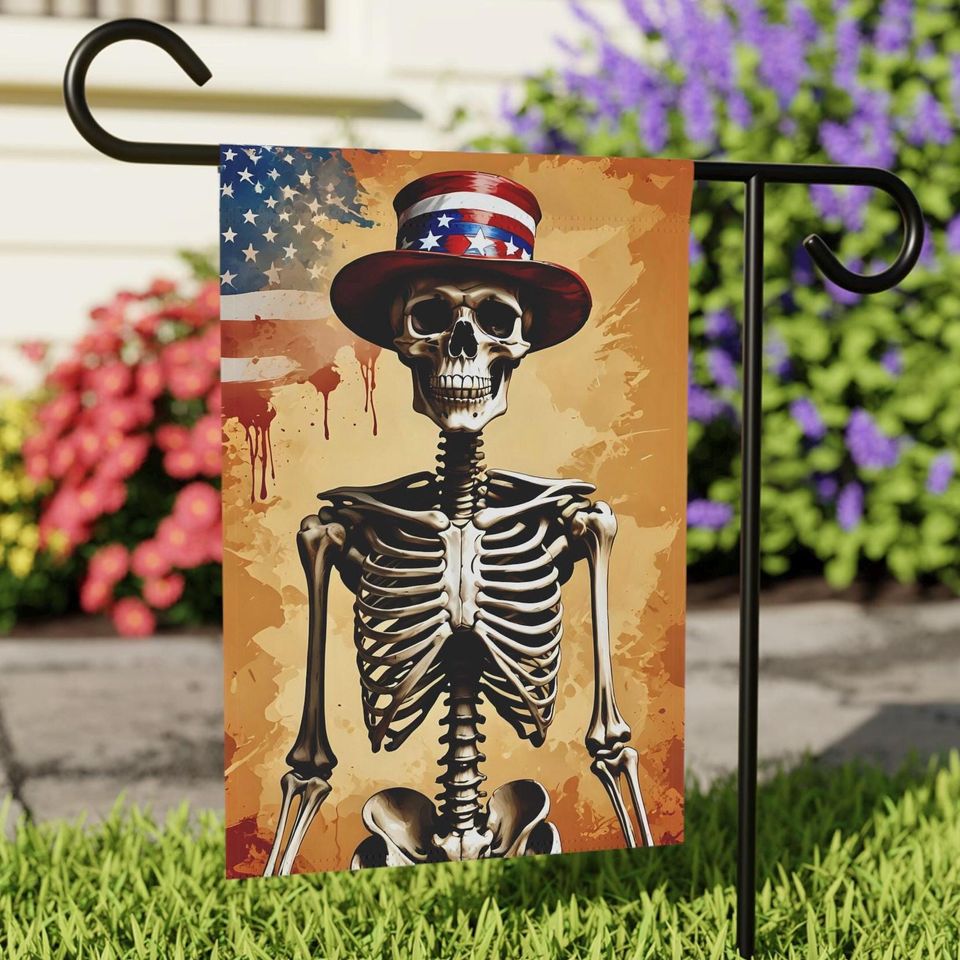 Skeleton Patriotic Top Hat Garden Flag: Spooky Halloween Yard Art