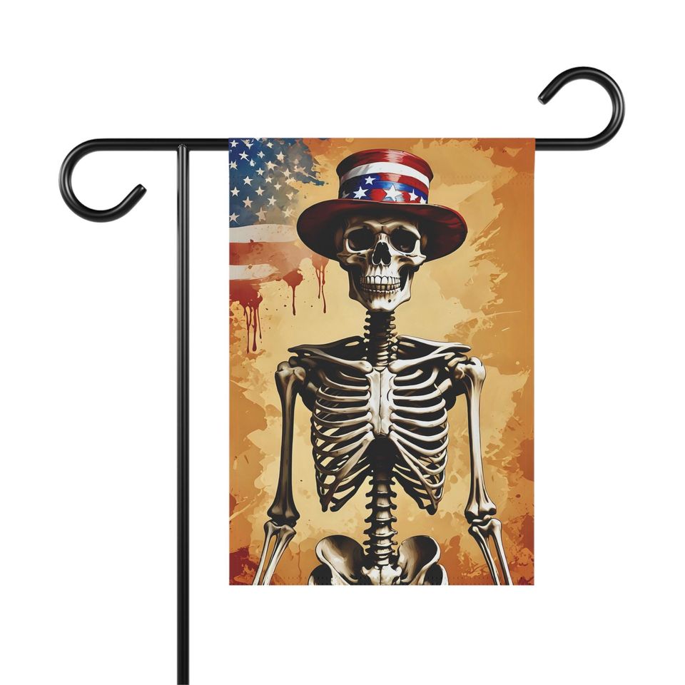 Skeleton Patriotic Top Hat Garden Flag: Spooky Halloween Yard Art